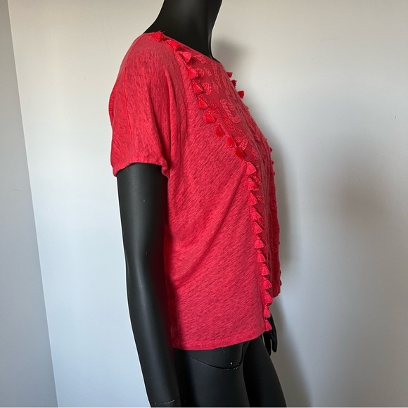 🌿 J.Crew Red Embroidered Front Linen Tee - Size S - Picture 5 of 8